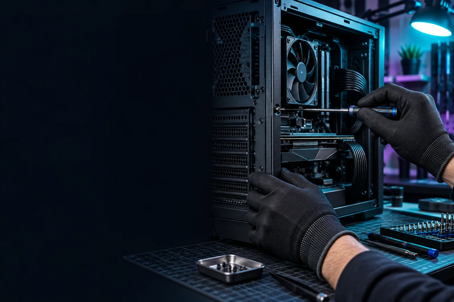 Ilustración de mantenimiento de un PC con herramientas de precisión