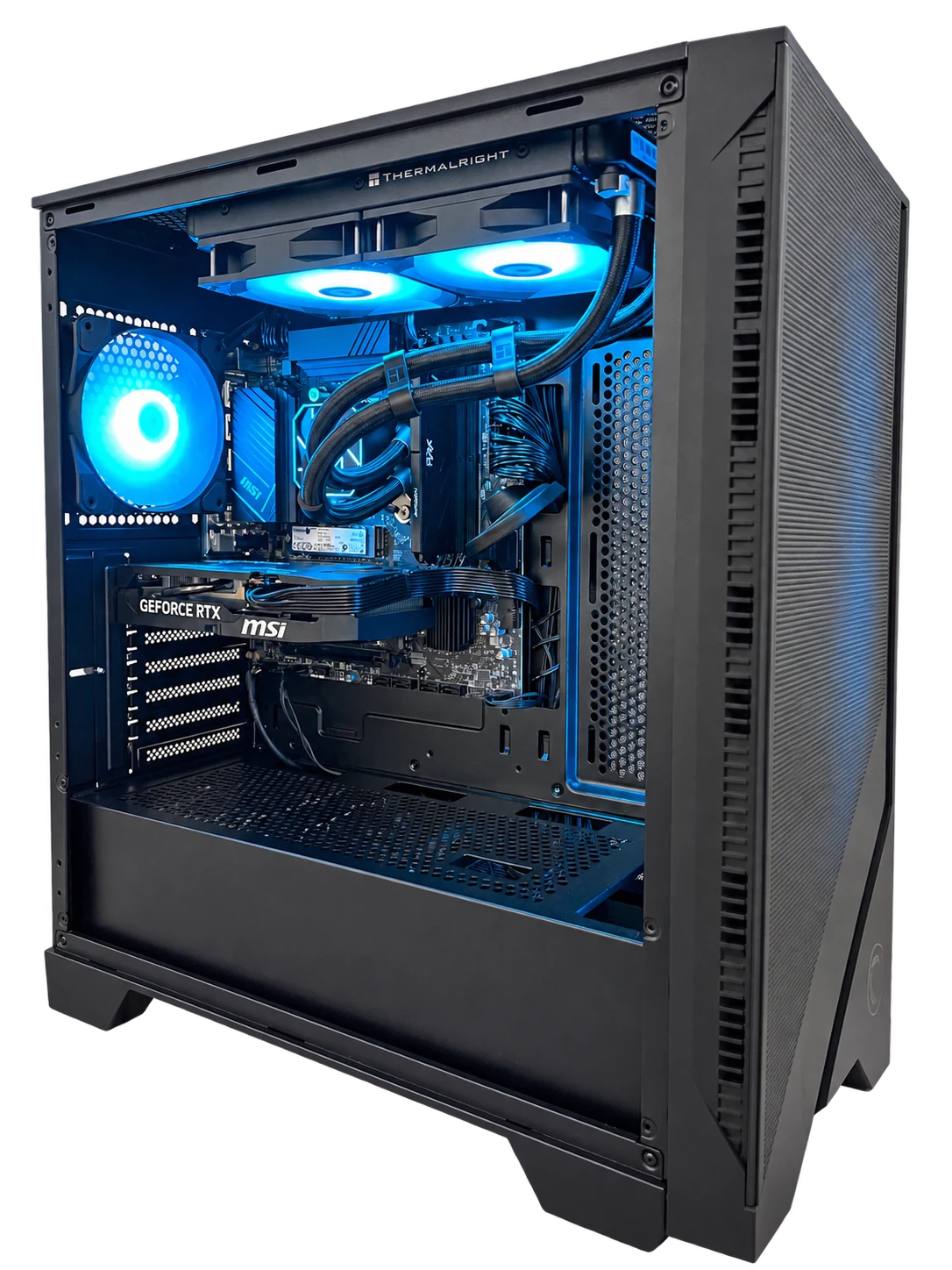 PC Gamer negro con iluminación azul, basado en una fotografía retocada con IA; imagen referencial